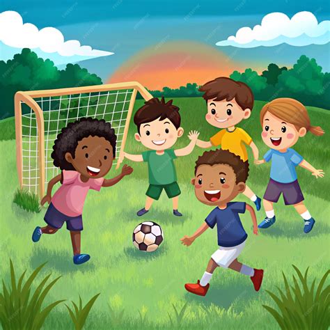 Una ilustración de dibujos animados de niños jugando al fútbol en un