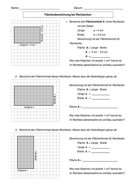 Arbeitsblatt Aufgaben Zur Fl Chenberechnung Von Rechtecken Version