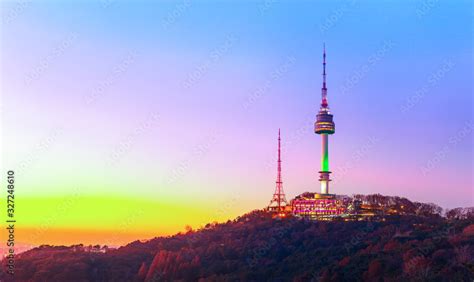 Sunset of Seoul City Skyline and Seoul Tower Stock Photo | Adobe Stock