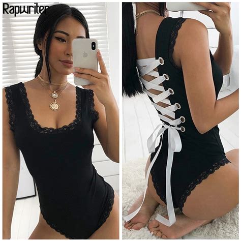 Rapwriter Sexy Backless Cross Lace Up Skinny Lace Patchwork Black