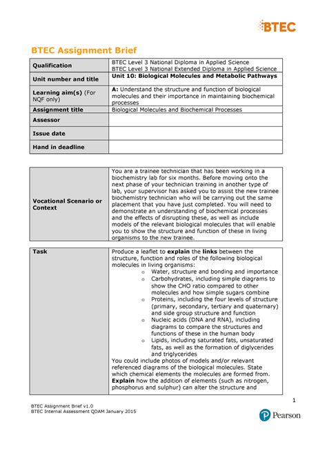 Unit Authorised Assignment Brief For Learning Aim A Biological