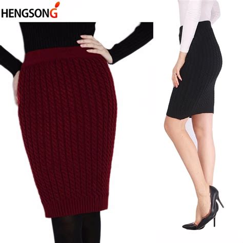 Fashion High Waist Knee Length Cable Knitted Skirts Women Sexy Knitting