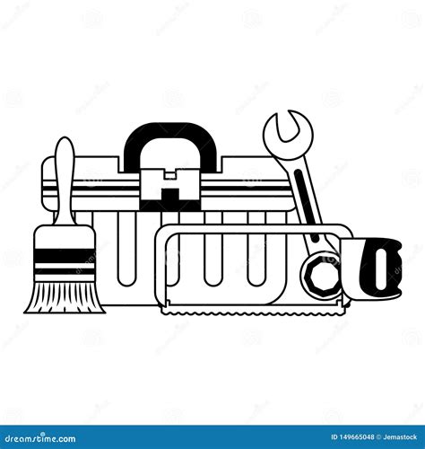 Tools Set Collection Workshop Icons Cartoon In Black And White