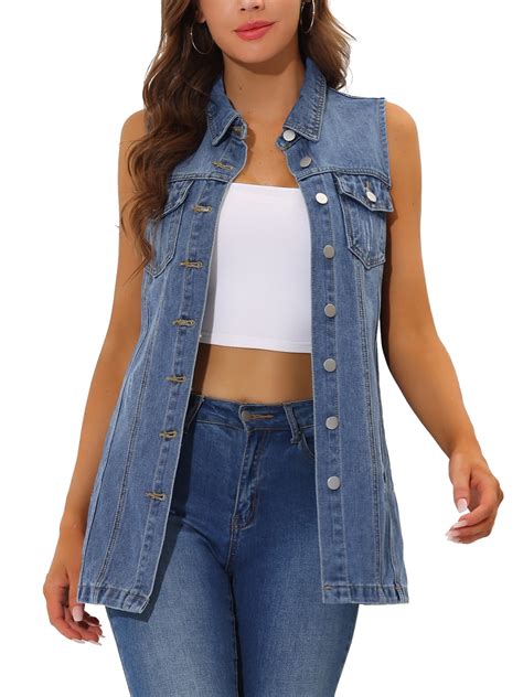 Allegra K Womens Casual Button Down Sleeveless Pockets Mid Long Denim Vest Xs Blue