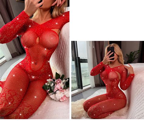 Sexy Full Body Lingerie Stockings Fishnet Bodystocking Open Crotch Rhinestone Underwear Women