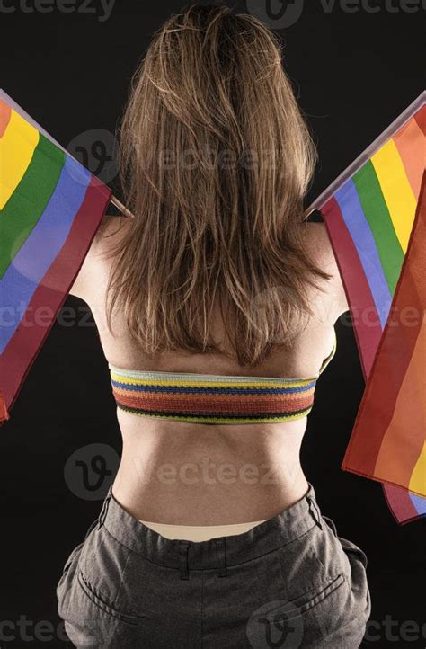 Lesbian Woman Holding Rainbow Flag Isolated On Black Background Lgbt