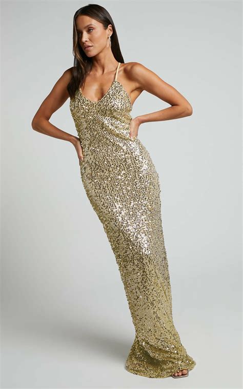 Denise Sequin Slip Maxi Dress In Champagne Showpo