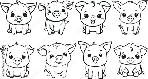 Cute Pig Hand Drawing Cartoon Set Isolated Black Silhouette Pig On