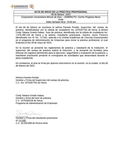 ACTA DE Inicio revisión f ACTA DE INICIO DE LA PRÁCTICA PROFESIONAL