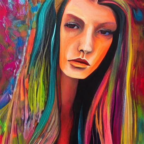 A Painting Of A Woman With Long Hair An Acrylic Stable Diffusion