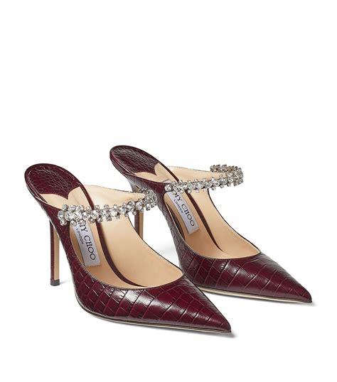 Womens Jimmy Choo Burgundy Bing 100 Croc Embossed Leather Crystal