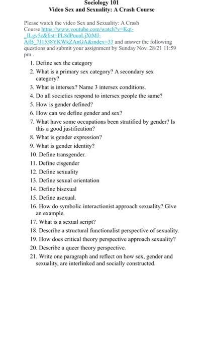 Solved Sociology Video Sex And Sexuality A Crash Course Chegg