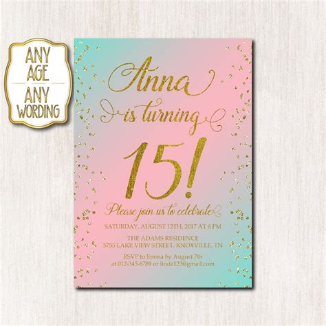 15th Birthday Invitation Fifteenth Birthday Pink And Mint Etsy