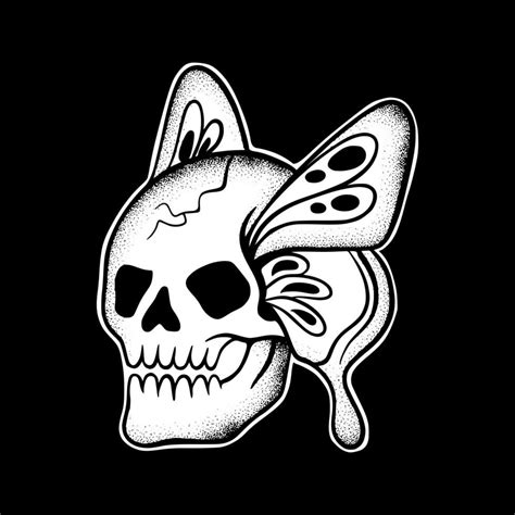 Skull Butterfly Art Illustration Hand Drawn Black And White Vector For