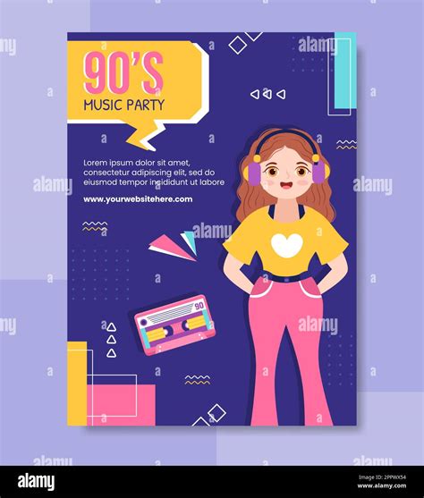 90s Retro Party Poster Template Flat Cartoon Background Vector