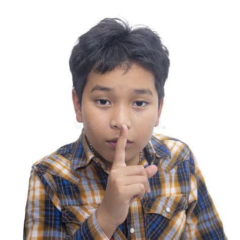 Boy With Finger Over Mouth Frowning Forbidding Spread Secret Keep