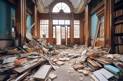 Premium Photo | Abandoned library with books strewn about