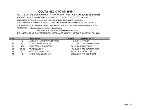 Colts Neck Township Tax Sale Notice - Colts Neck Township