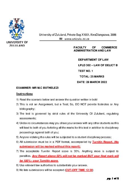 Law Of Delict Normal Test Pg Of Faculty Of Commerce