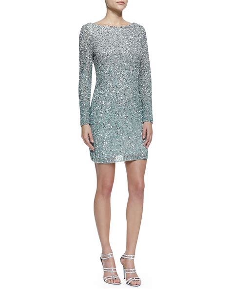 Aidan Mattox Long Sleeve Sequined Cocktail Dress Silver Designer