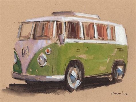 Original Painting Vw Bus Hippie Retro Vintage Auto Kombi Watercolor