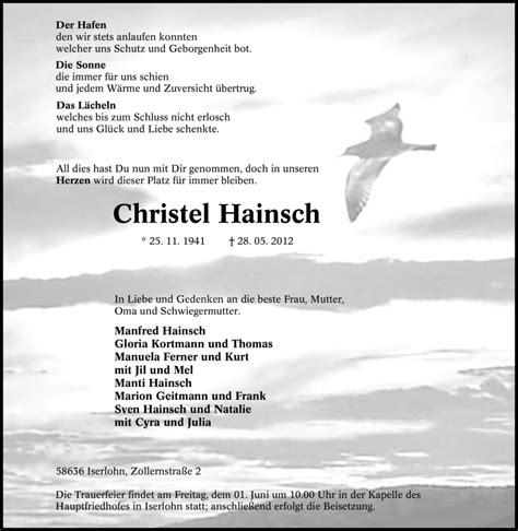 traueranzeigen von christel hainsch trauer  nrwde