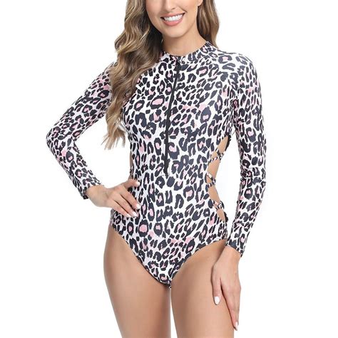 Defitshape Women's Cheetah Rash Guard Zip Up Bathing Suit Leopard Cut