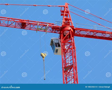 Construction Tower Crane Detail In Bright Red Color Steel Truss