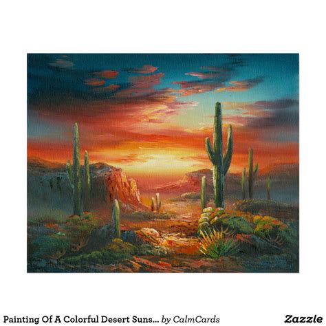 a painting of a desert scene with cactus trees and mountains in the ...