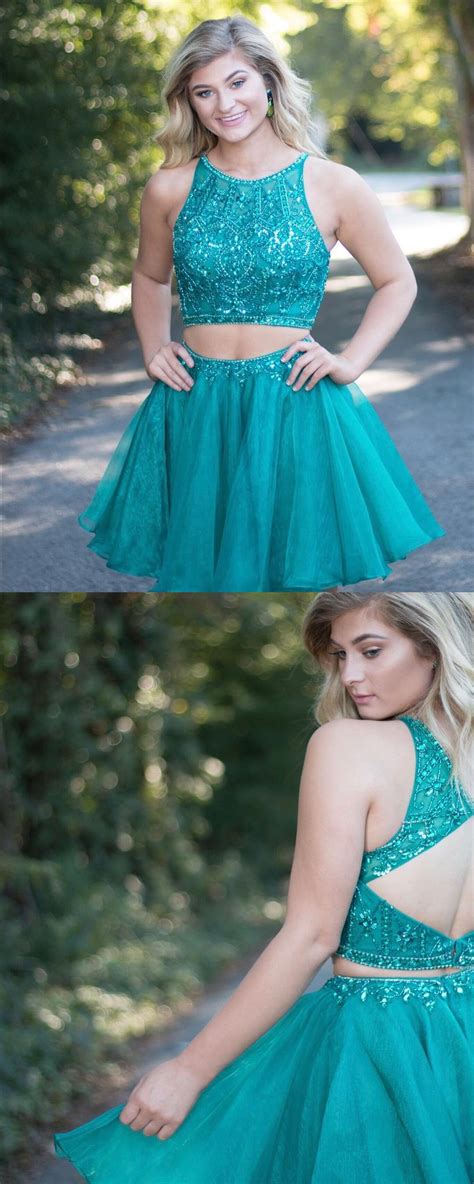 Sparkly Two Piece Teal Short Prom Dress Homecoming Dress With Open Back