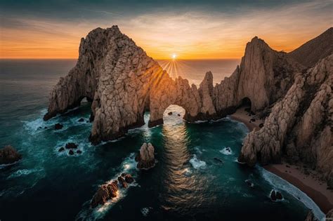 Premium AI Image | Sunset aerial photo of the Cabo San Lucas Arch taken ...