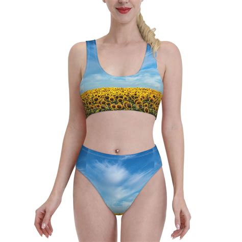 Adobk Blooming Sunflower Field Print Women High Waisted Bikini Set