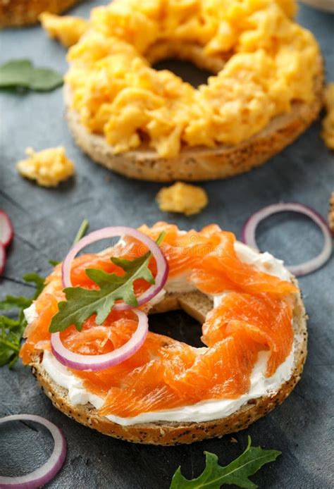 Healthy Bagels Breakfast Sandwich With Salmon Scrambled Eggs And Cream