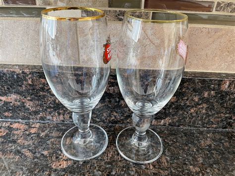 Stella Artois 40 Cl Gold Rimmed Chalice Beer Glasses Mugs Pints Set Of Two Nice Ebay