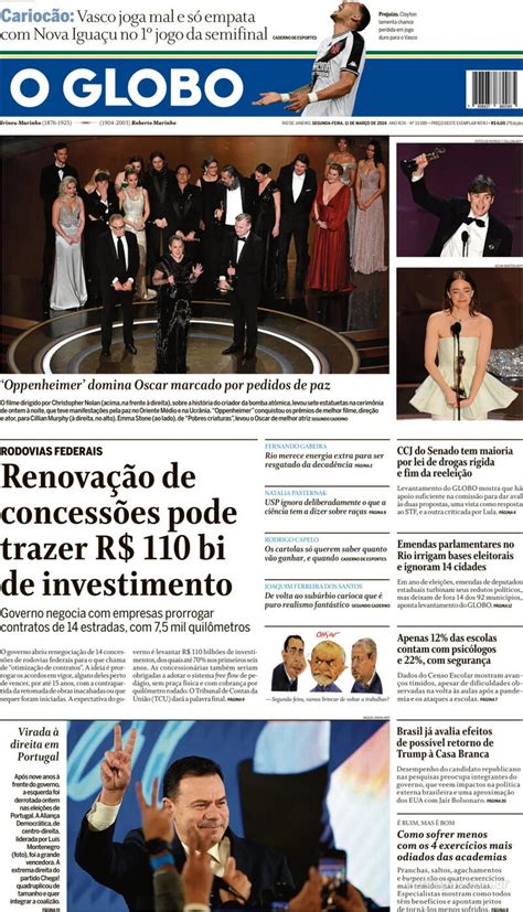 Capa O Globo Segunda 11 de Março de 2024