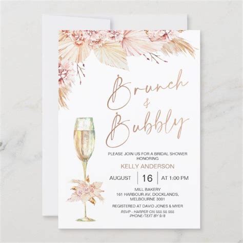 Boho Pampas Brunch Bubbly Bridal Shower Invitation Zazzle Bubbly