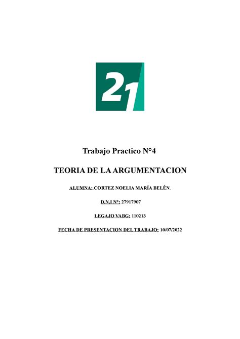 TP4 TAJ TEORIA ARGUMENTACION JURIDICA Trabajo Practico N TEORIA DE