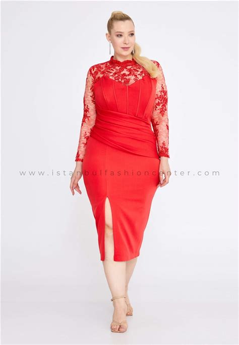 Alchera Long Sleeve Midi Crepe Column Plus Size Red Wedding Guest Dress