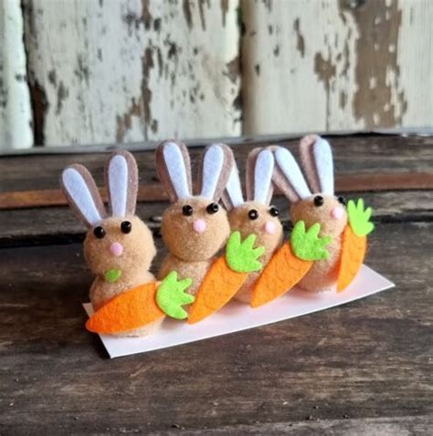 Set Of 4 Brown Wool Mini Easter Bunnies With Felt Carrots By Gisela