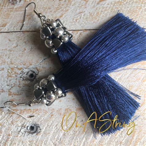 Navy Blue Tassel Earrings Long Fringe Earrings Statement Dangle