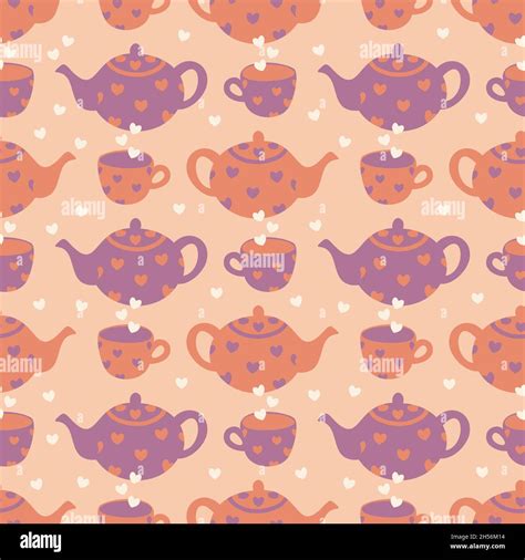 Vector Seamless Pattern With Teapots Cups And Hearts Design In