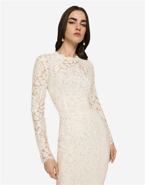 Long Sleeved Branded Stretch Lace Dress In White For Women Dolceandgabbana®