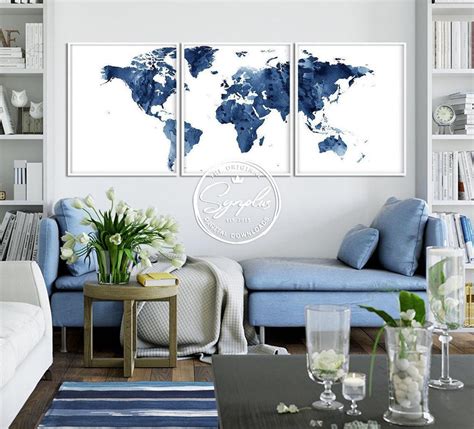 World Map Print, World Map Watercolor Set of 3, World Map Triptych Navy ...