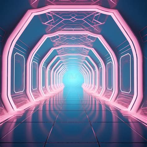 Futuristic Corridor With Glowing Neon Lights 3d Render Illustration