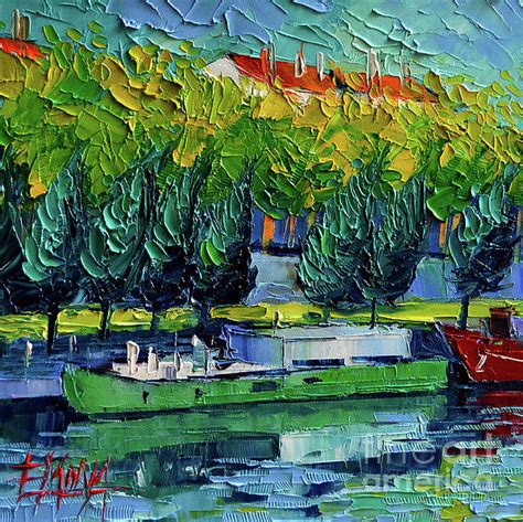 ONE BARGE ON THE RHONE RIVER Impasto Palette Knife Oil Painting Beach