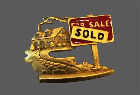 AJC Marked Sold House Realtor Pin Brooch Gold Tone Metal Enamel