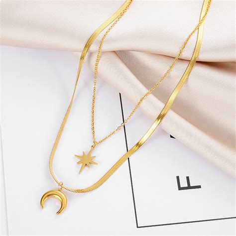 Double Layered Star Moon Necklace Wholesale Juzea