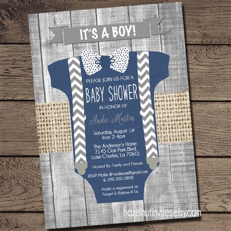 Baby Boy Onesie Shower Invitation Navy Blue Gray Bow Tie Etsy