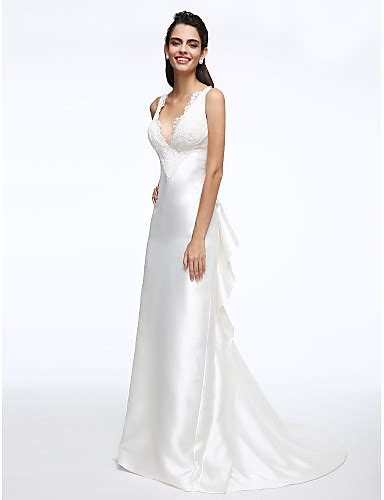 A Line Plunging Neckline Court Train Satin Wedding Dress With Lace