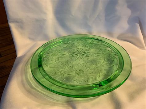 Green Depression Glass Footed Cake Plate Sunflower By Etsy